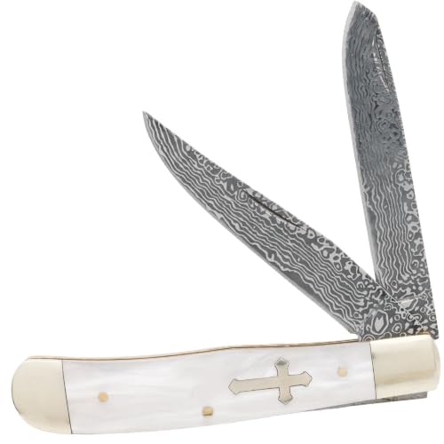 BUDK Cross Of Faith Faux Damascus Pocket Knife | Dual 3 1/4 Inch Blades | Clip Point And Spey Blade | Pearl Handle Scales | Cross Inlay Accent | 7 1/4 Inch Overall | Compact Folding Knife