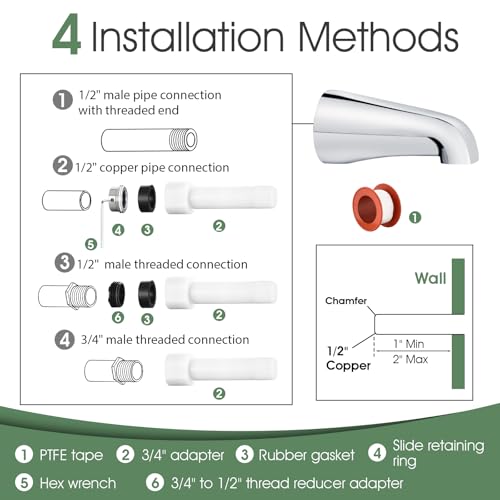 Repuesto de grifería para bañera y perillas de ducha, juego de pico para bañera fácil de instalar para tubería de cobre 1/2", 1/2" IPS y 3/4" IPS con herramienta de instalación miniatura 4