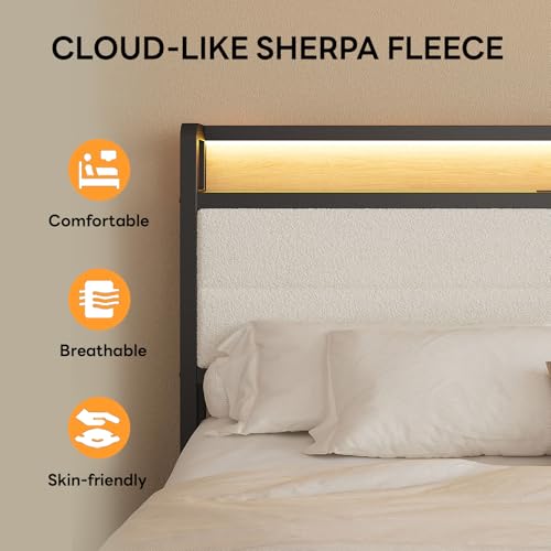 Image of LIKIMIO Full Bed Frame with Storage Headboard and LED Lights, Metal Platform Bed with Charging Station, Noise Free, No Box Spring Needed, Under Bed Storage, Natural and Cream