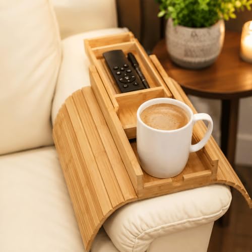 Sofa Arm Tray, 2 in 1 Couch Arm Table with Cup Holder, Foldable Bamboo Sofa Armrest Tray, Non-Slip Couch Armrest Table Organizer for Drinks, Snacks, Remote Control, Phone and Magazine