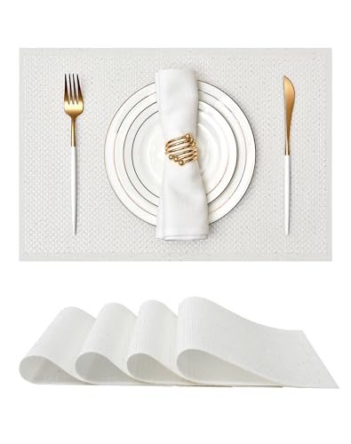 Leetaltree Sparkling Translucent White Sequin Woven Vinyl Placemats, Set of