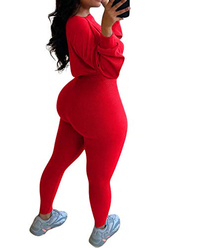 Women 2 Piece Outfits Sets 2020 - Sweatsuit Tracksuit Long Sleeve Top Long Pants Set Jumpsuit Red M