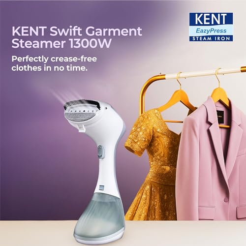 Image of KENT Swift Handheld Garment Steamer 1300 Watts | Ideal for Fabrics like Sarees, Suits, Jackets etc |Ceramic Coated Steam Plate |Continuous Steam Up To 30 Minutes |20 G /Min Steam |260ml Detachable Tank