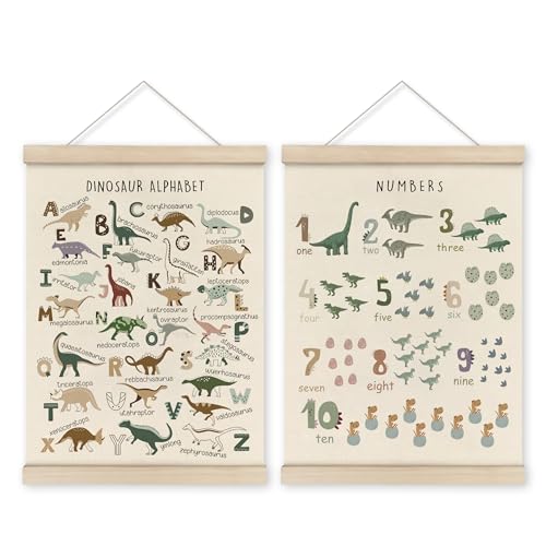 Image of HRQKO Dinosaur Alphabet Poster Hanger Frame Set of 2, Dinosaur Wall Decor, Nursery Wall Decor, ABC Poster Wall Art with Wooden Frames, Alphabet Banner Wall Hanging Decor for Boys Room,12x16 Inch