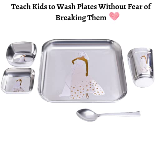 Image of Human Hydro Premium Steel Dinner Set for Kids, Silver and Gold Laser Print, 1 Plate, 1 Curry Bowl, 1 Dessert Plate, 1 Glass, 1 Spoon, 1 Fork, for Girls, Age 3-7 Years