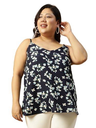 Image of Women Plus Size Navy Blue Floral Print Shoulder Strap A-line Top & Tunic 2XL /3XL /4XL /5XL /6XL /7XL /8XL