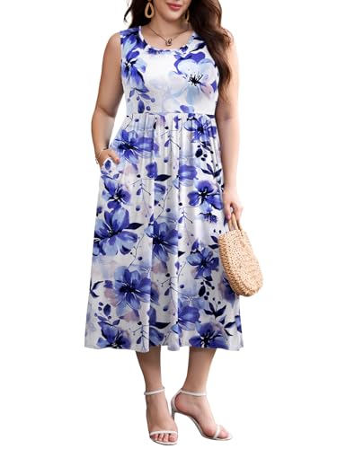 Image of LARACE Women's Plus Size Sleeveless Maxi Dress Casual Crew Neck Pleated Flowy Long Dresses with Pockets L-6XL