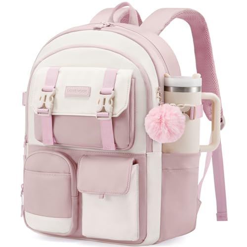 LOVEVOOK School Backpack for Teen Girls,Student Backpack Purse for 8-16 Teenage,Cute Kid Bookbag with Large Cup Holder,Back to School Backpacks Fit 15.6 Inch Laptop,College Travel Bag Gift,Pink