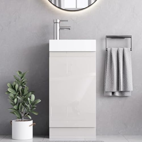 BELOFAY 400mm Floor Standing Vanity Unit With Basin - Laquered Cloakroom With 1 Tap Hole and Soft Close Hinges (Denvor White)