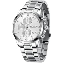 MEGALITH Wrist Watches for Men Luxury Dress Silver Stainless Steel Chronograph Watch Waterproof - Gift for Husband Father at Birthday Anniversary