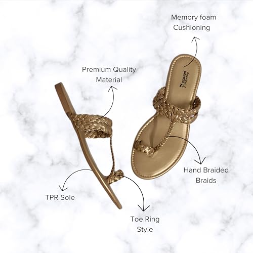 Image of Women's Round Toe Flats Sandal | Hand Braided Toe Ring Sandals | Dailywear Slippers Under 500 | Open Toe Kolhpauri Style chappal for Ethnic and Casual Occassions.