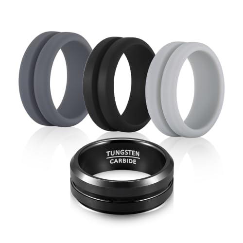 1 Tungsten Carbide and 3 Silicone Rings-Men's Wedding Band Set,Fit Size 8 - image 1