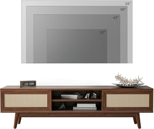 Image of Space Galaxy Sheesham Wood TV Unit Stand for Living Room | Wooden Entertainment Console Cabinet with 2 Rattan Cane Doors & Shelf Storage | Free Standing TV Table for Home, Walnut (63x15.6x18 Inch)