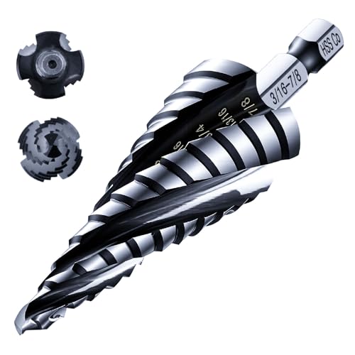 toolant Four Spiral Flute Cobalt Step Drill Bit(Pro), 3/16' - 7/8'(12 Step Size) Impact Ready Unibit Step Drill Bit, 1/4' Hex Shank Step Bit for Metal, Stainless Steel, Aluminum, Plastic