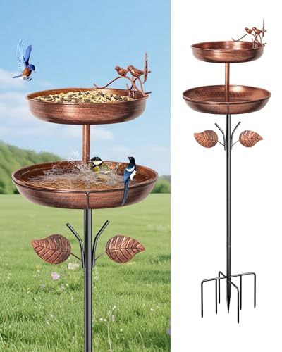 Metal Bird Bath for Outside, 46In Tall Birdbath Feeder Bowl with Stake for Outdoors, Detachable Double Bird Bath Feeder Bowls for Garden Patio Yard Lawn Decor, Upgraded 6-Pronged Base