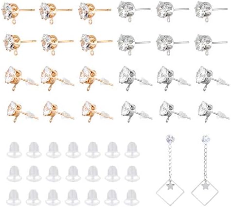 PandaHall Cubic Zirconia Earrings Posts with Loop Golden Platinum Iron Rhinestone Earrings Stud with 200pcs Earring Backs for DIY Earring Jewellery Making