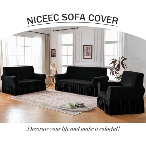 NICEEC Sofa Cover Thick Plush 1-Piece Warm Black Sofa Slipcover for Sofas Stretch Fluffy Couch Covers for Living Room Easy Fit Washable Soft Furniture Sofa Protector with Skirt - Image 6