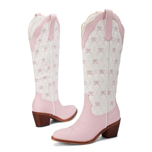 Image of Lace Up Cowboy Boots for Women Embroidered Wide Calf Cowgirl Boots Comfortable Chunky Heel Pointed Toe Trendy Western Shoes for Prom Music Festival
