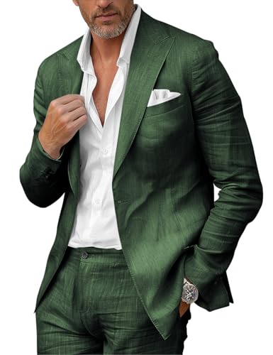 Wangyue Mens Linen Suit Slim Fit 2 Piece Set Linen Suits for Men Beach Wedding Suit for Groom One Button Blazer Pant
