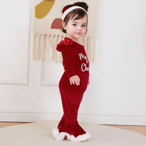 Toddler baby girl Christmas Outfits Letter Ruffle Long Sleeve Romper Flare Pants sets Newborn Fall Winter Clothes3