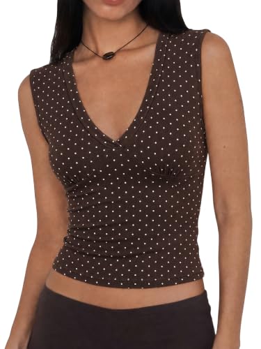 Women Deep V Neck Tops Sexy Polka Dots Sleeveless Crop Top Stretchy Going Out Tank Top Summer Clothes