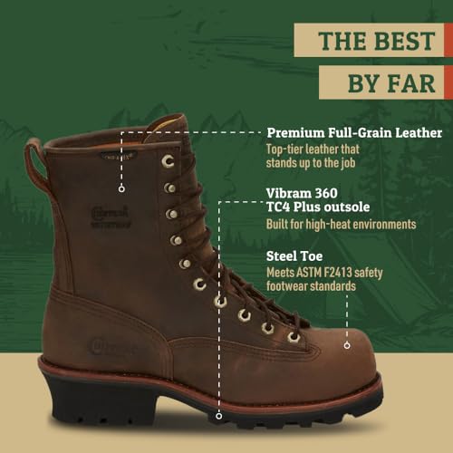 Image of Chippewa 8 Inch Waterproof Steel Toe Logger Boots for Men - Durable Full-Grain Leather Mens Shoes - Slip-Resistant Lace Up Work Boots for Men - Orthotic Comfort Insole for All-Day Support