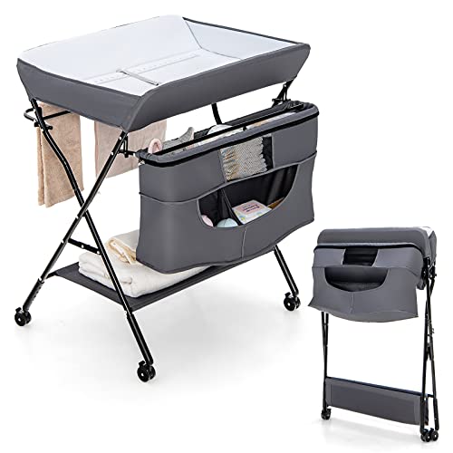 Image of HONEY JOY Changing Table, Folding Mobile Nursery Organizer w/Wheels, Adjustable Height, Storage Bag & Open Shelf, Portable Diaper Changing Station for Newborn (Gray, 31.5"x26"x40")