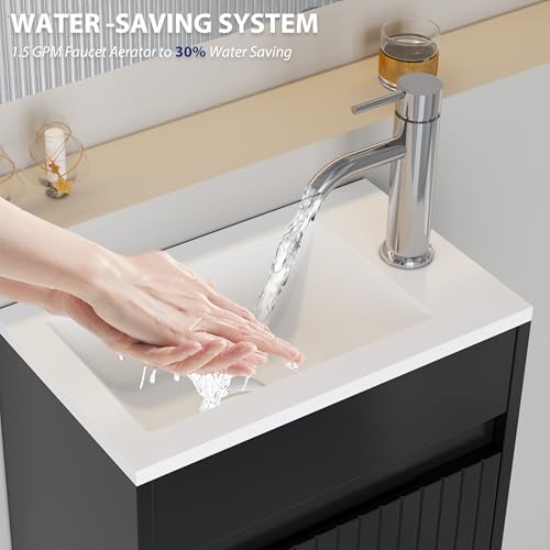 eclife 16" Small Bathroom Vanity Sink Combo, Modern Painted Wall Mounted Floating Cabinet W/Decoration Lines, Resin Basin Sink Top, Chrome Water Save Faucet & Pop Up Drain (Piano Black)