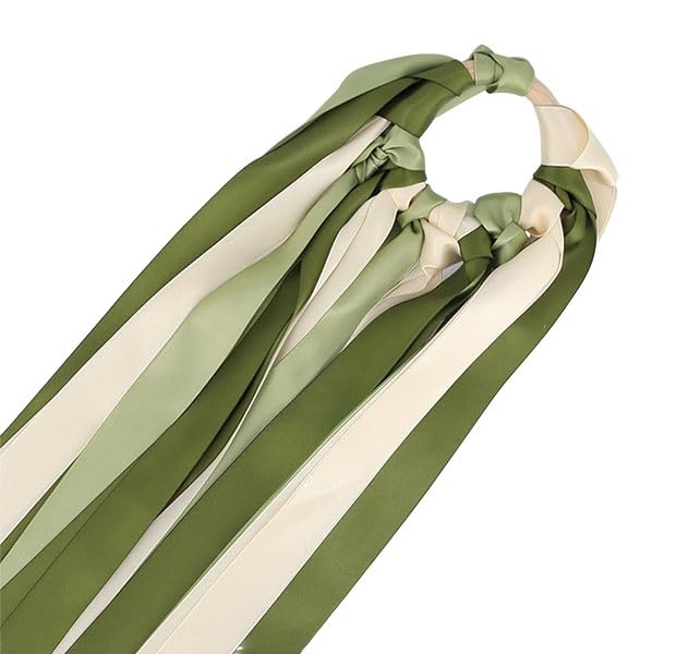 Jeu de Rubans de Mariage Bouquet Mariée 14 Rubans en Satin 3 Mètres, Anneau en Bois 7,8 cm (Vert sauge, vert de gris et ivoire)