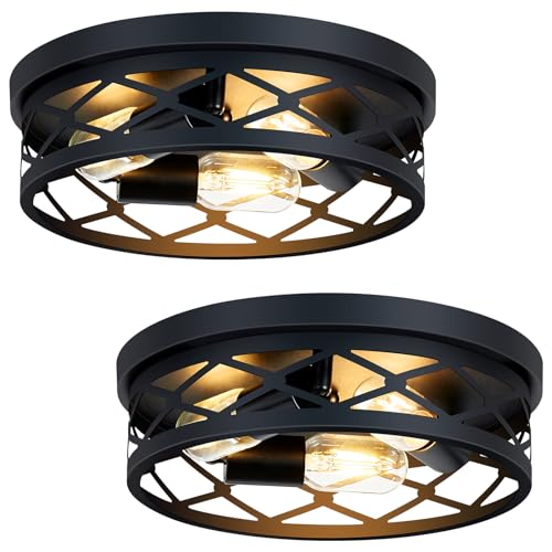 Image of SKEJAO, 2 Pack Flush Mount Ceiling Light Fixture, Black, for Hallway, Kitchen, Farmhouse, Bedroom (13 x 13 x 3.93 inches, 2400 lumens, Dimmable, 2 Count)