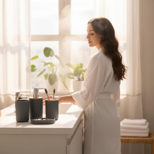 Image of MARKET 99 Plastic Bathroom Accessories Set of 4 - Grey Plain Round Design with Oval Soap Dish 350 ml, Lotion Dispenser, Tumbler & Toothbrush Holder for Bathroom Countertop Decor