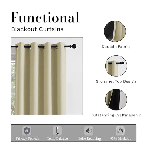 Image of LINENWALAS Long Door Curtains 9 Feet Set of 2 - Thermal Insulation 100% True Blackout Curtains, Black Backing & Fade Resistant Drapes for Living Room, Bedroom (Beige)