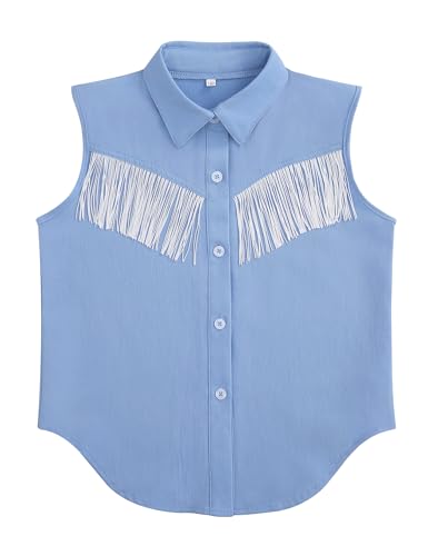 Image of Girls Fringe Shirt Sleeveless Button Down Western Cowgirl Tassel Trim Casual Blouse Shirt Top 4-13Y
