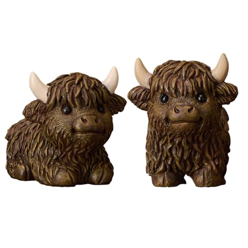 Image of Qomamount Highland Cow Decor,2Pcs Cute Scottish Highland Cow Gifts,Standing Sitting Poses Resin Figurine for Shelf Garden Table Home Decor Calf for Highland Cow Lovers(Dark Brown)