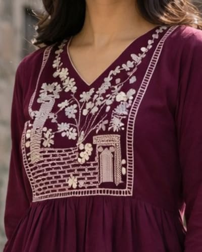 Image of Women's Rayon Kurti Set with Palazzo Pants | Embroidered V-Neck A-Line Short Kurti with 3 /4 Sleeves | Casual Ethnic Co-Ord Set for Daily Wear, Office & Festive