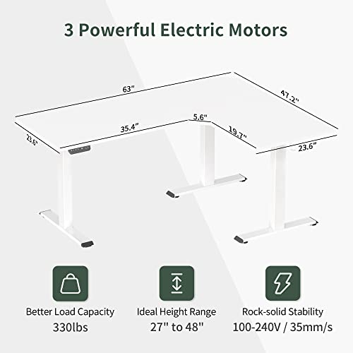 Image of FEZIBO Triple Motor L-Shaped Electric Standing Desk, 63 Inches Height Adjustable Stand up Corner Desk, Sit Stand Workstation with Splice Board, White Frame /White Top