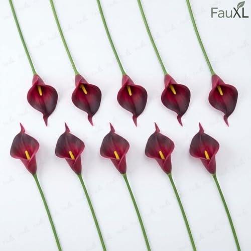 Image of 10 Pcs Artificial Calla Lily Flowers Bunch for Vase and Flower Pots- Premium Real-Look Faux Lily Stems for Home Decor, Living Room, Bedroom, Office Decoration (Vase not Included) (Dark-Maroon)