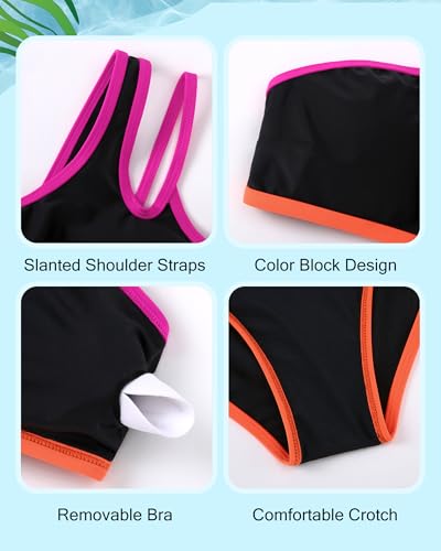 Image of Redair Girls Swimsuit Two Piece One Shoulder Bathing Suit with Chest Pad Color Block Bikini 7-16 Years