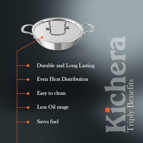 Image of Kichera Triply Stainless Steel Kadai with lid | 24cm /9.4 inch, 2.5Ltr, 1.7kg| Smooth Finished Flat Bottom Induction Deep Fry Kadhai |Ideal for All cooktops Cookware | 3 Layer Kadai for Cooking