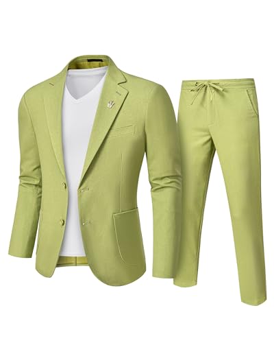 YND Men's 2 Pieces Linen Suit, Two Buttons Regular Fit Jacket and Pants for Beach Wedding, Casual, or Summer Time Light Green Small