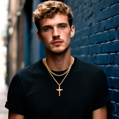 2 Pcs Crucifix Cross Necklace for Men, Layered Stainless Steel Pendant Rope Chain, Silver/Black/Gold Crucifix Necklace, Jesus Cross Necklaces Religious Gifts for Men3