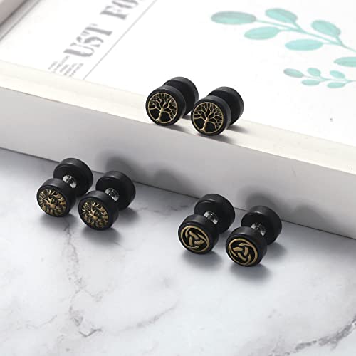 Cupimatch 3 Pairs Wood Tree of Life Celtic Knot Lion Head Studs Earrings, 10mm Gauges Cheater Fake Illusion Screw Ear Piercing Plugs Tunnel Earrings2