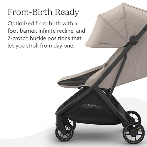 Image of UPPAbaby Minu V3 Travel Stroller - Lightweight + Compact Design - One-Hand Fold + Unfold - from Birth + Overhead Compatible - Ada (Sandstone /Carbon Frame /Chestnut Leather)