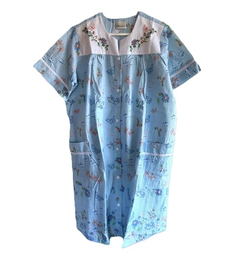 Image of AmeriMark Women Calf-Length Snap Front Knit Duster House Coat Robe - Loose-Fitting Plush Bathrobe - Short Sleeve Bath Robe