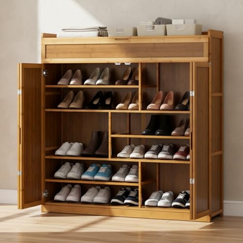 Artiss Shoe Cabinet, Bamboo Shoe Storage Rack with Folding Magnetic Doors & Notched Handles, Shoe Organiser with Flip-top Storage & Anti-tip Kit for Entryway Hallway Living Room