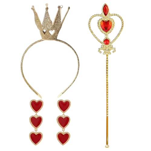 XDGBGFN Accessoire de costume de reine de cœur pour femme avec bandeau couronne, sceptre de la reine - Accessoire pour cosplay, carnaval, fête à thème,...