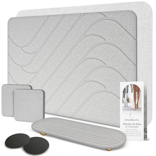 Chandelita Tapis de Bain Diatomite 60×39 cm Séchage Rapide – Set avec Accessoires, Antidérapant, Absorbant & Hygiénique, Résistant aux Moisissures –...