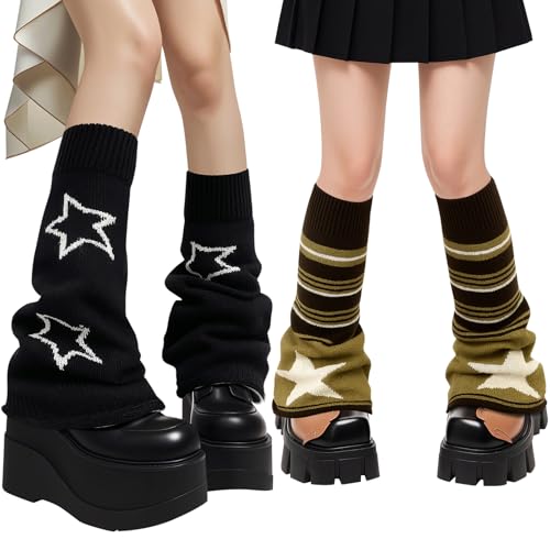 2 Pairs Star Y2k Leg Warmers for Girls Kawaii Harajuku Knitted Flared Leg Warmers Double-sided Skull Brown Goth Accessories Crochet Lolita Emo Gift for Women Daily Wear Party