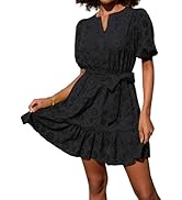 GRACE KARIN Womens Eyelet Vacation Dress Summer Casual A-line Mini Sundress Puff Sleeve Tie V Nec...