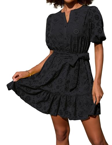 GRACE KARIN Women's Short Sleeve Fit and Flare Dress A Line Mini Beach Dress Casual Eyelet Sundresses V Neck Summer Dress Black XL